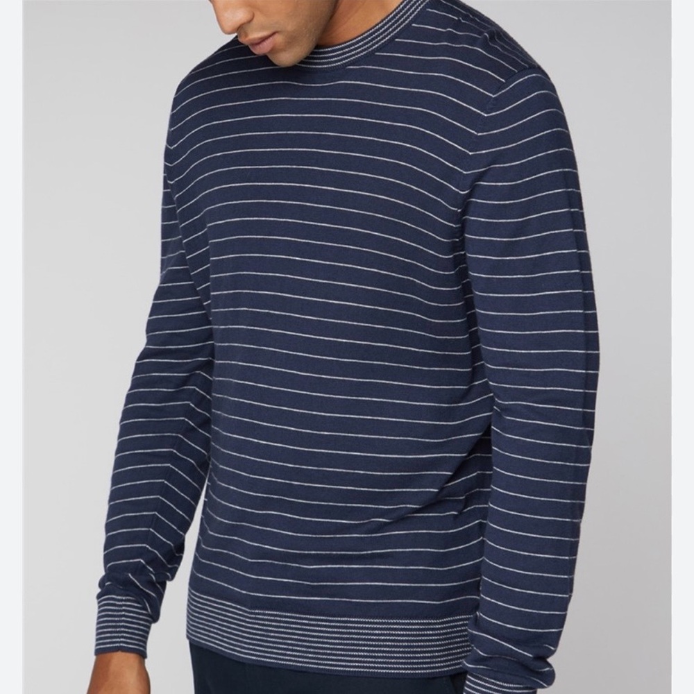 Ben Sherman Navy White‎ Striped Cotton Merino Wool Crewneck Sweater Size Large